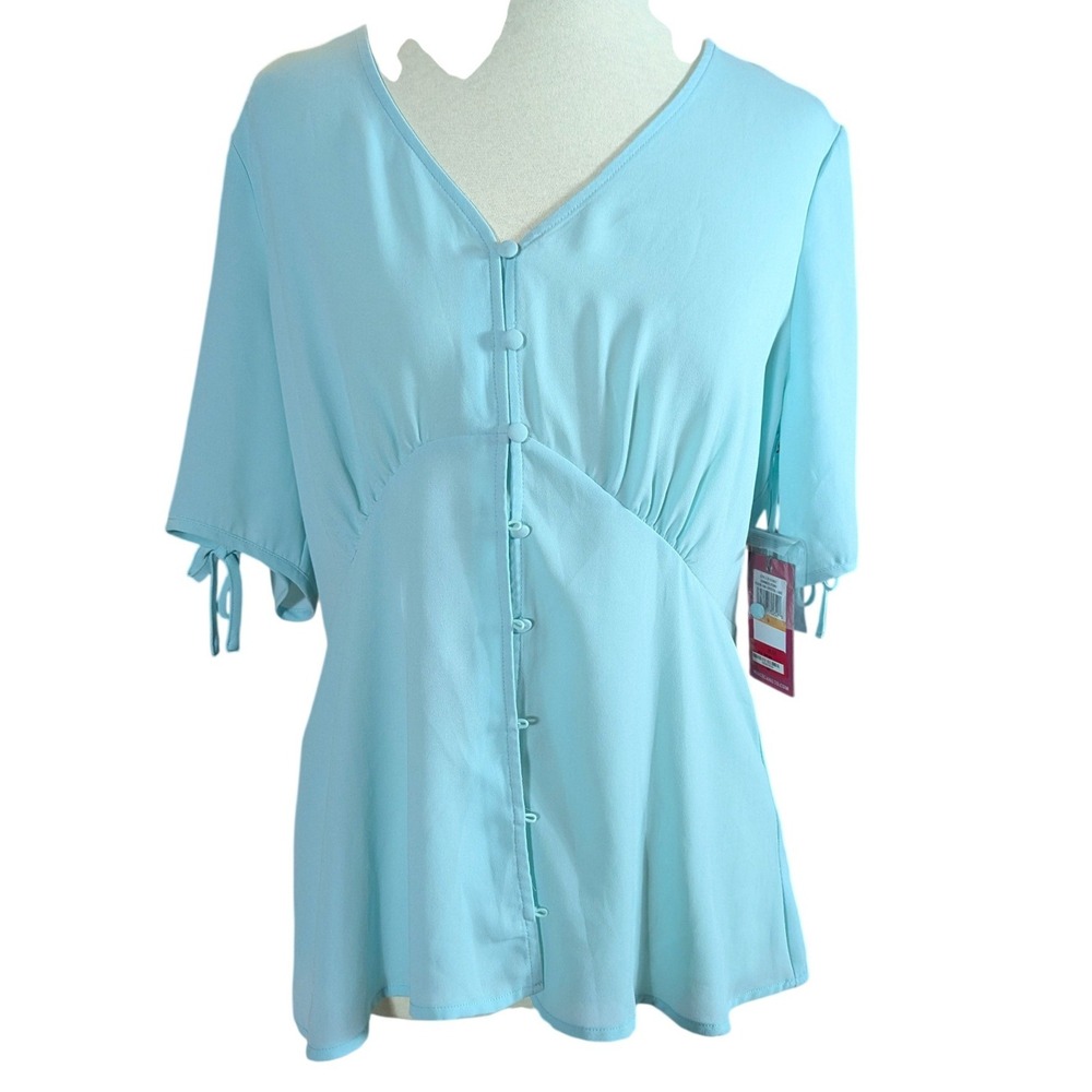 Vince Camuto Blouse Womens Small Blue Button Front Short Sleeve Tie Cuff Top NWT